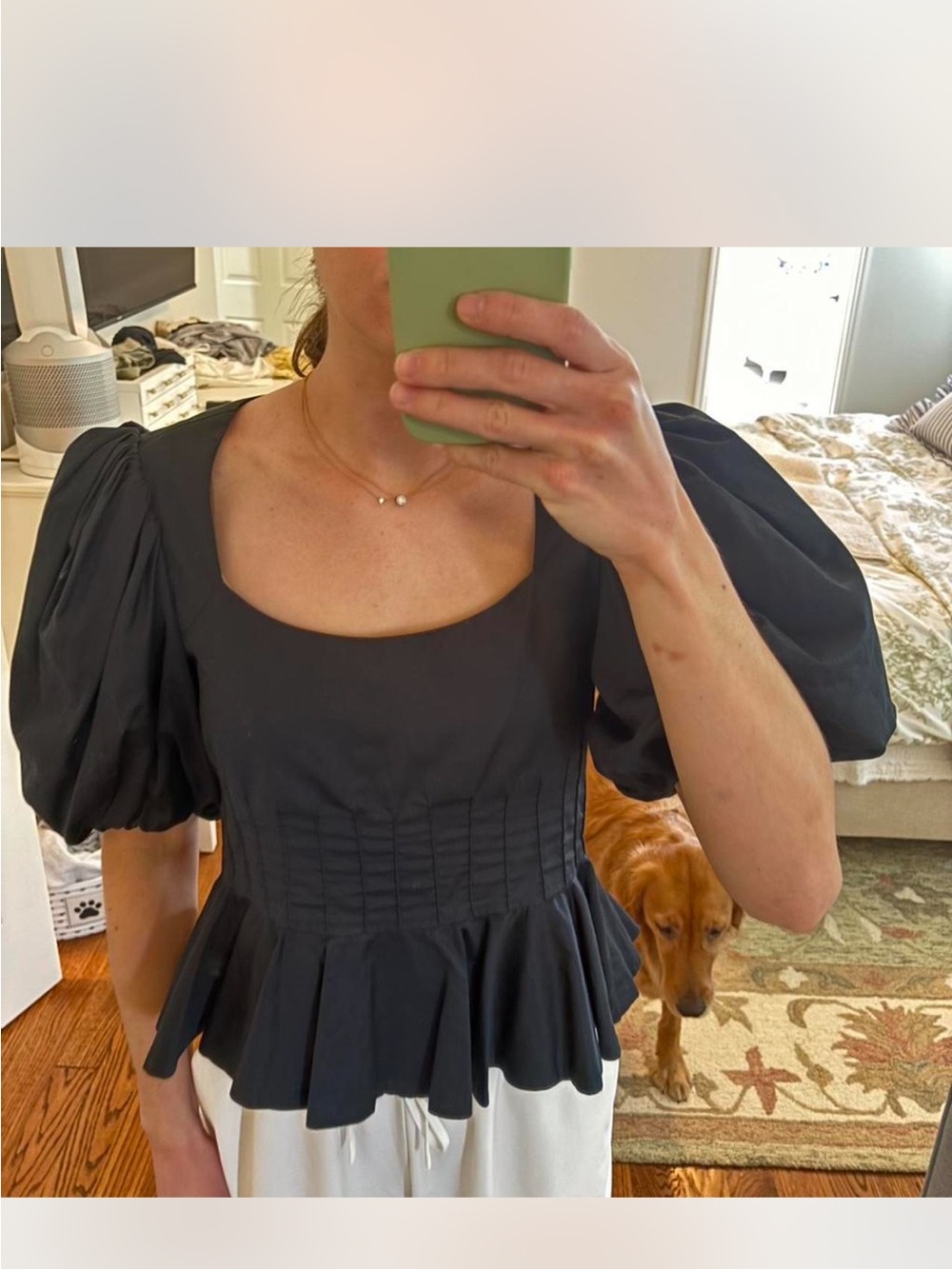 HUNTER BELL Black Puff-Sleeve Peplum Top